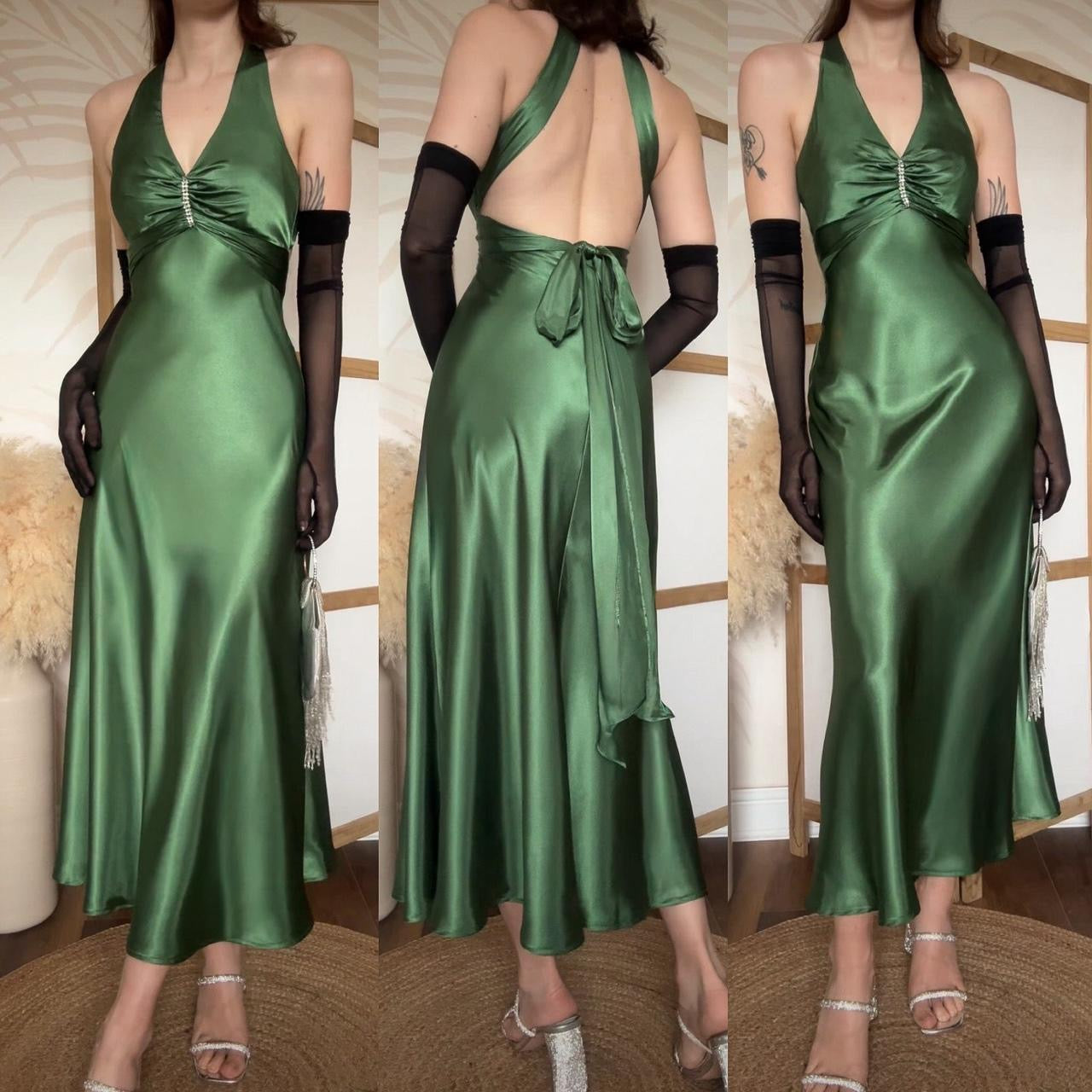 Green satin Niki Livas midi dress uk 8-10