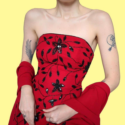Red strapless sequin evening dress & shawl UK 14