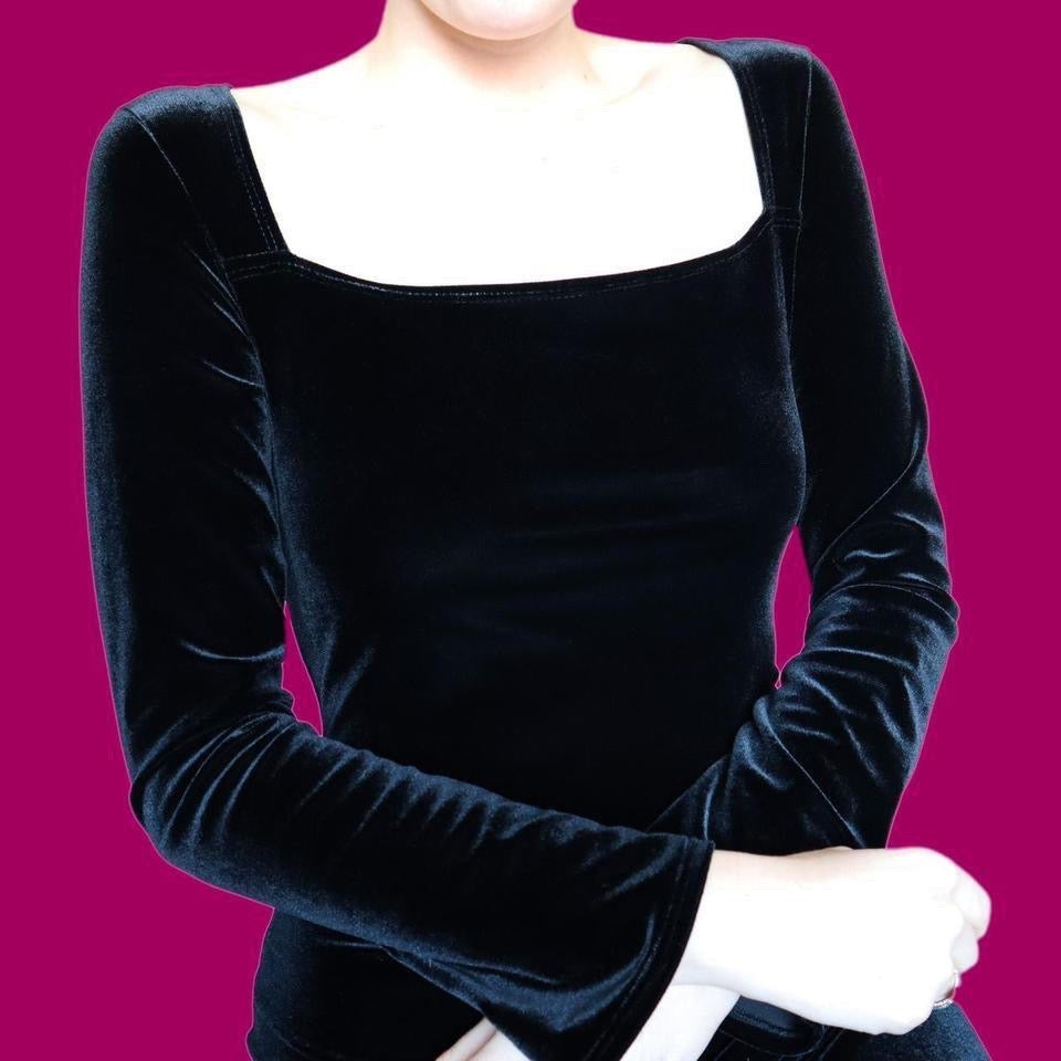 Long sleeve black velvet stretch evening dress UK 14