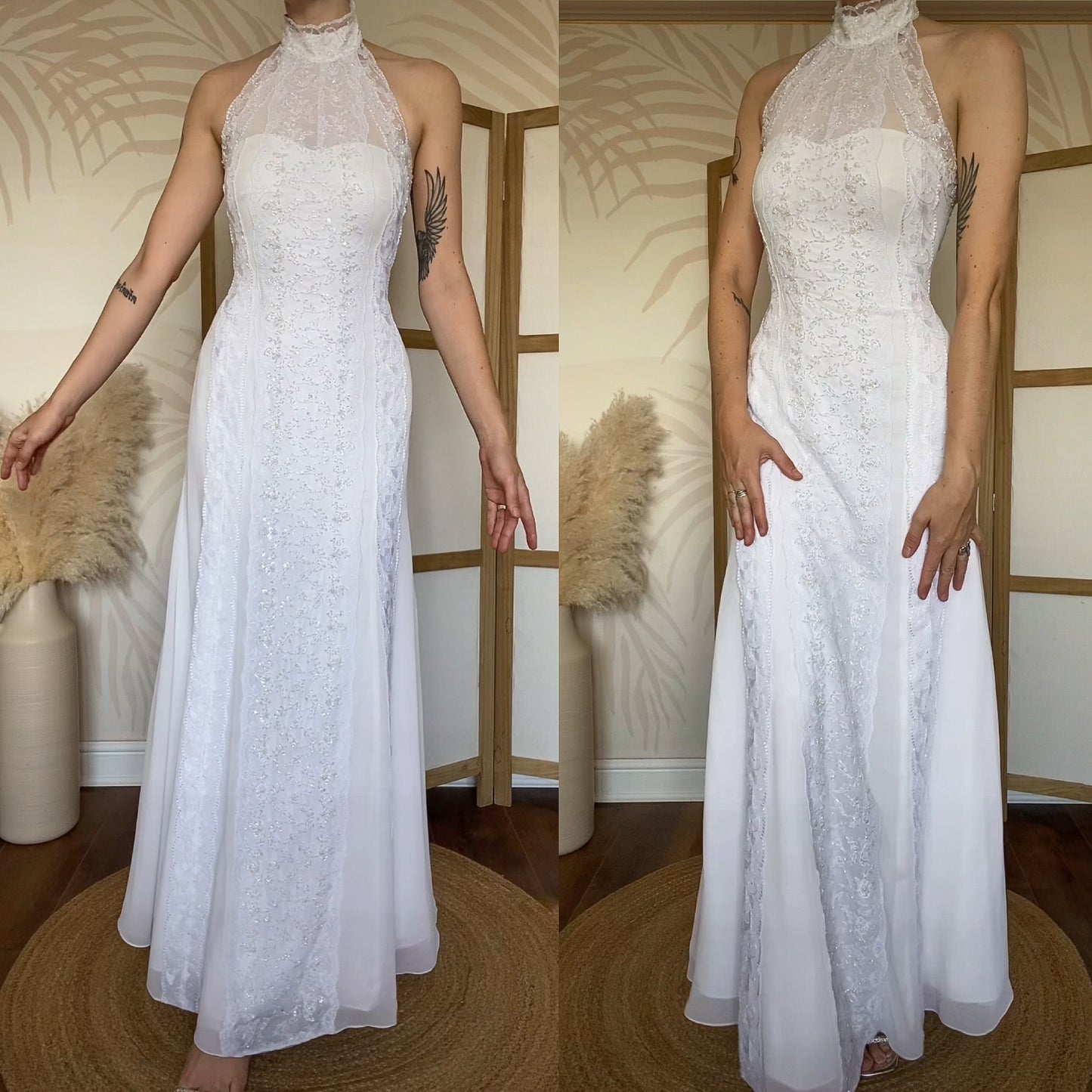 Frank Usher white lace high neck beaded wedding dress UK 12