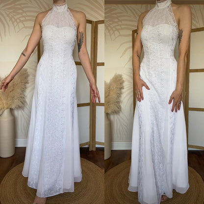 Frank Usher white lace high neck beaded wedding dress UK 12