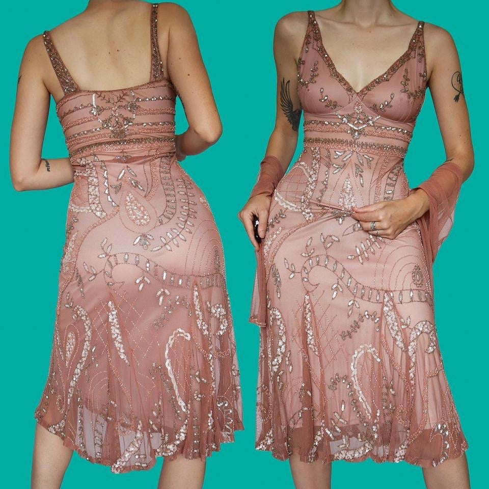 Dusky pink stretch midi dress & shawl UK 10