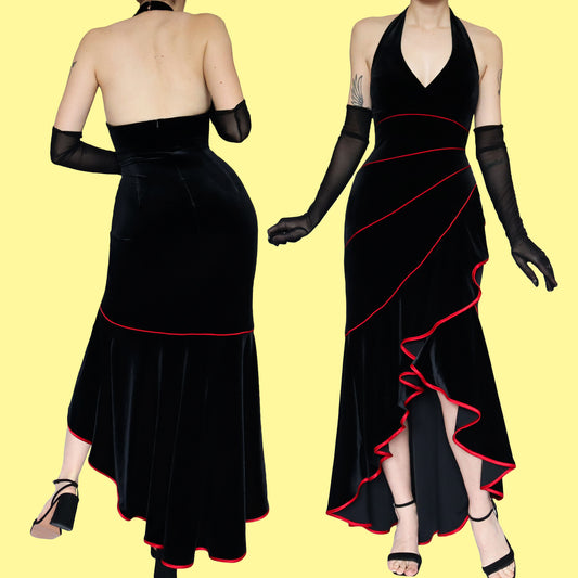 Vintage Niki Livas black velvet halter neck gown UK 14