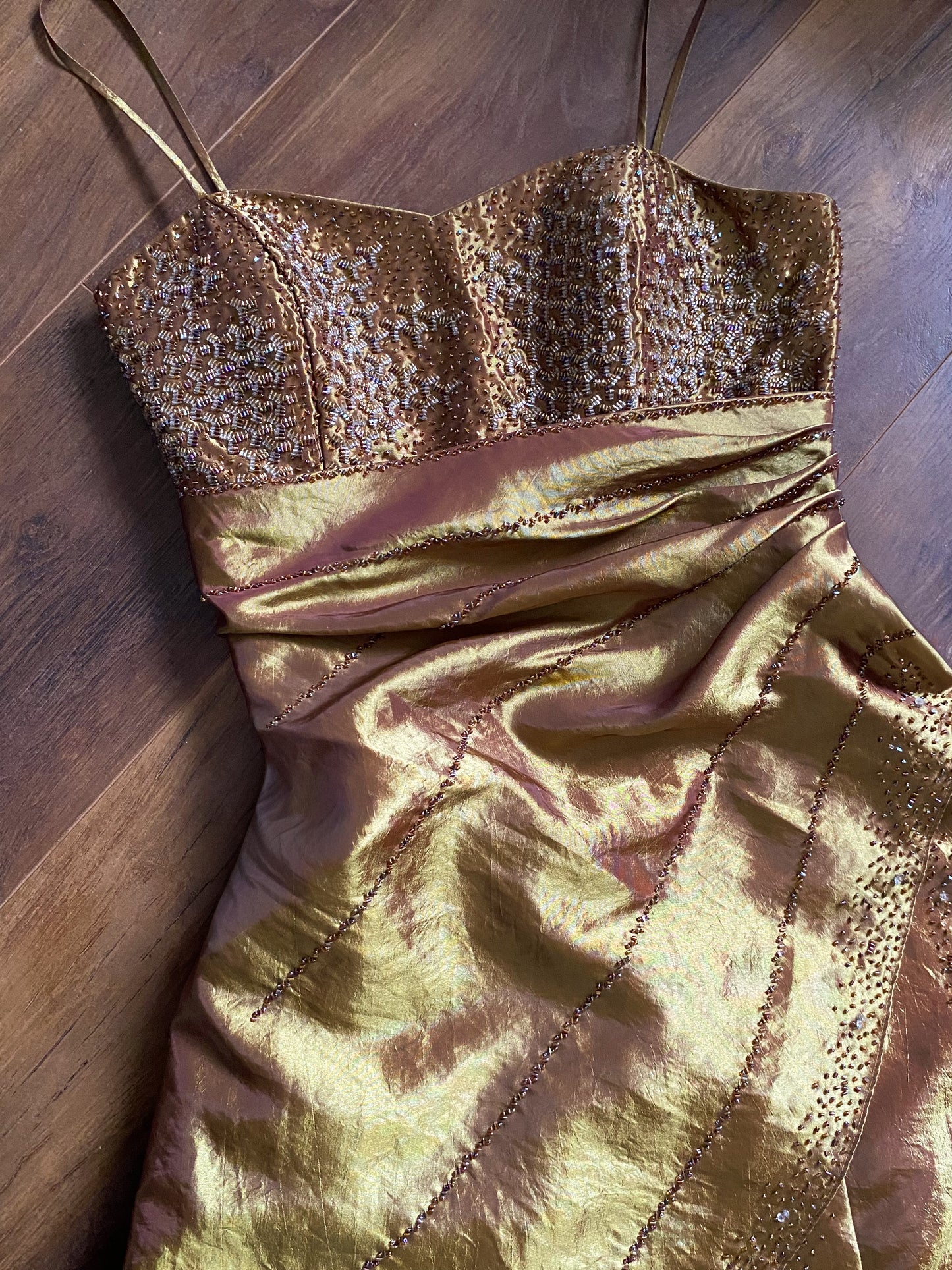 Golden petite taffeta beaded prom dress uk 12