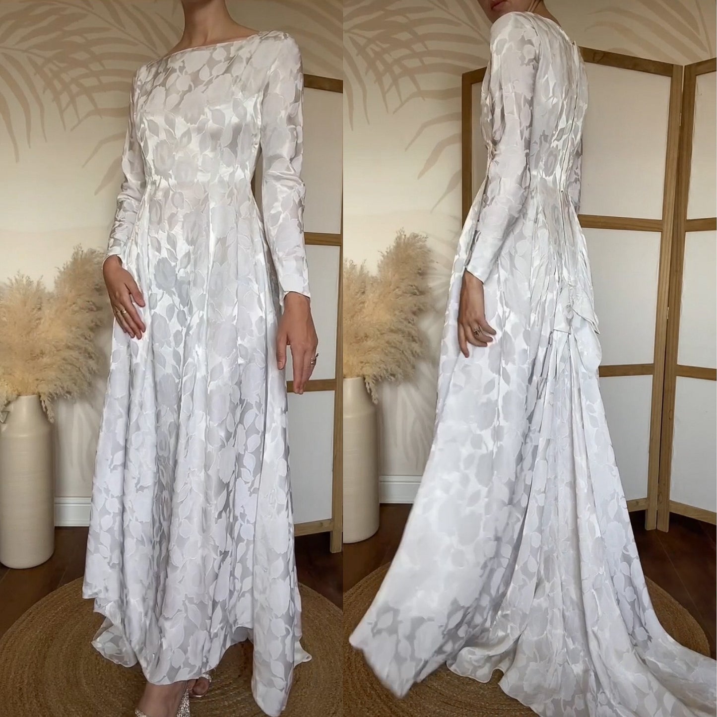 70s white damask floral long sleeve wedding dress uk 8-10