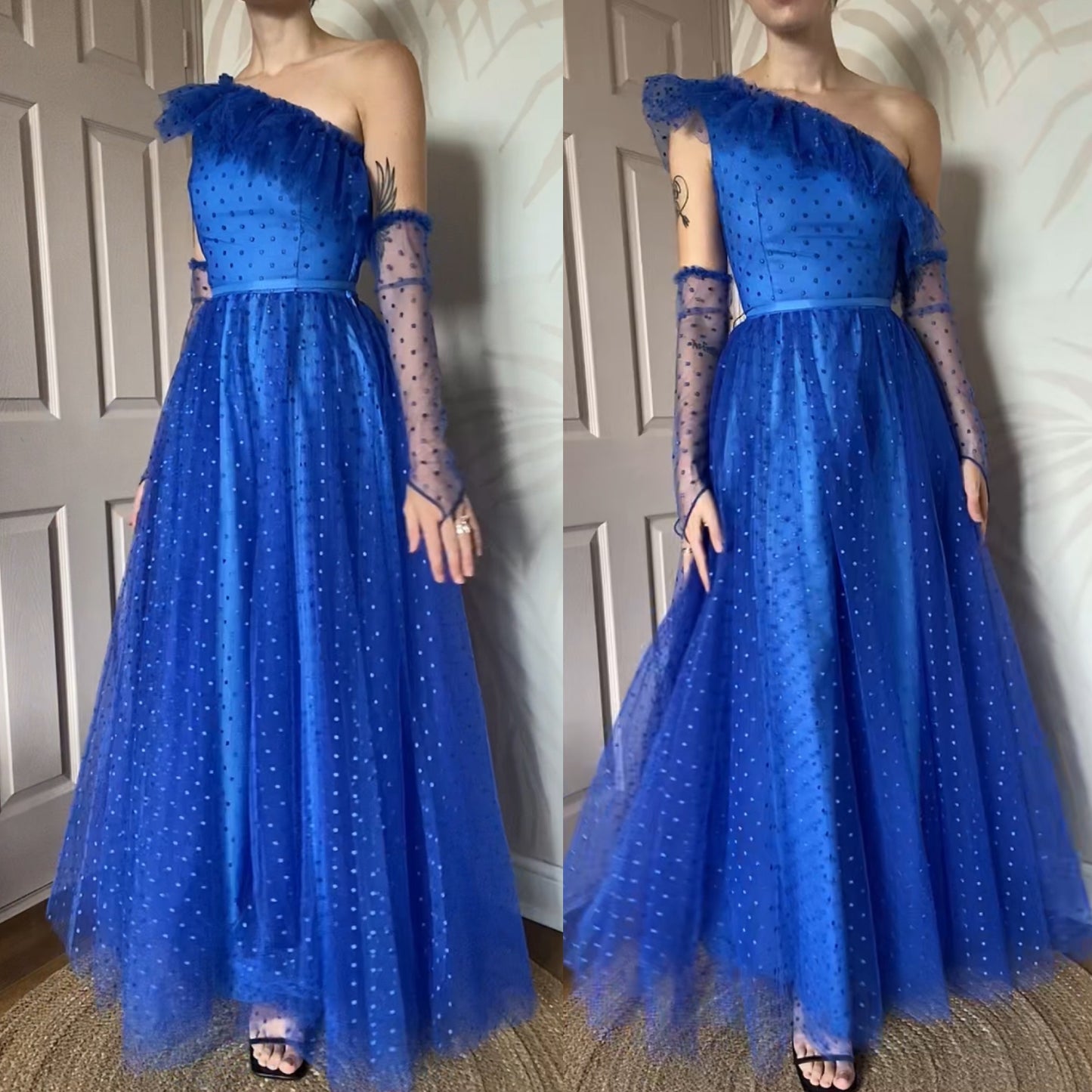 Bright blue 80s polka dot lace one shoulder gown UK 8-10