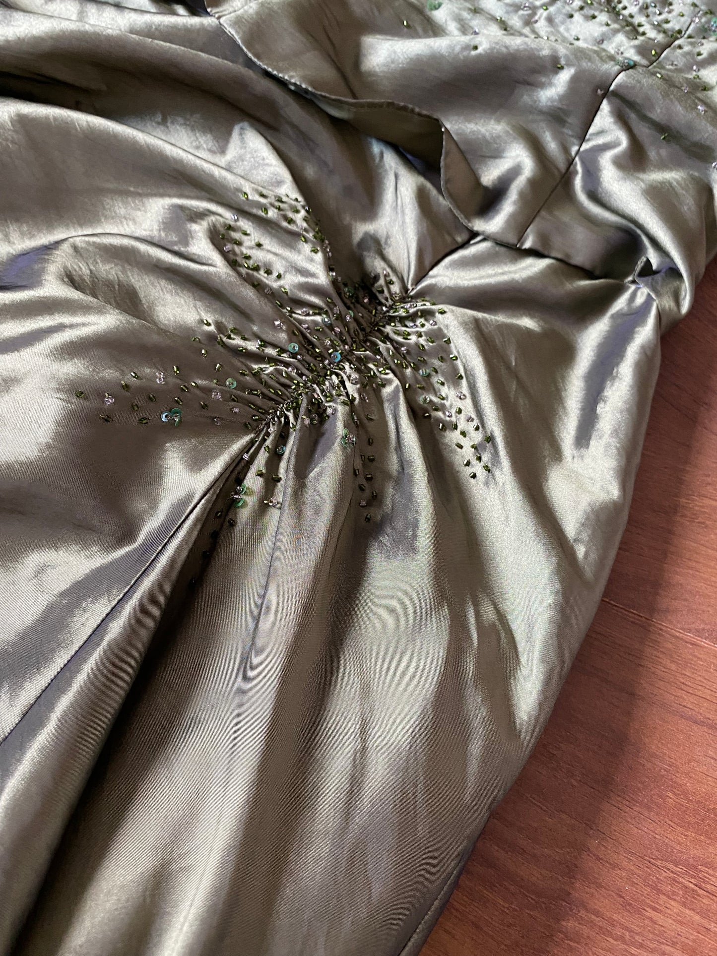 Green beaded Niki Livas strapless prom dress UK 12