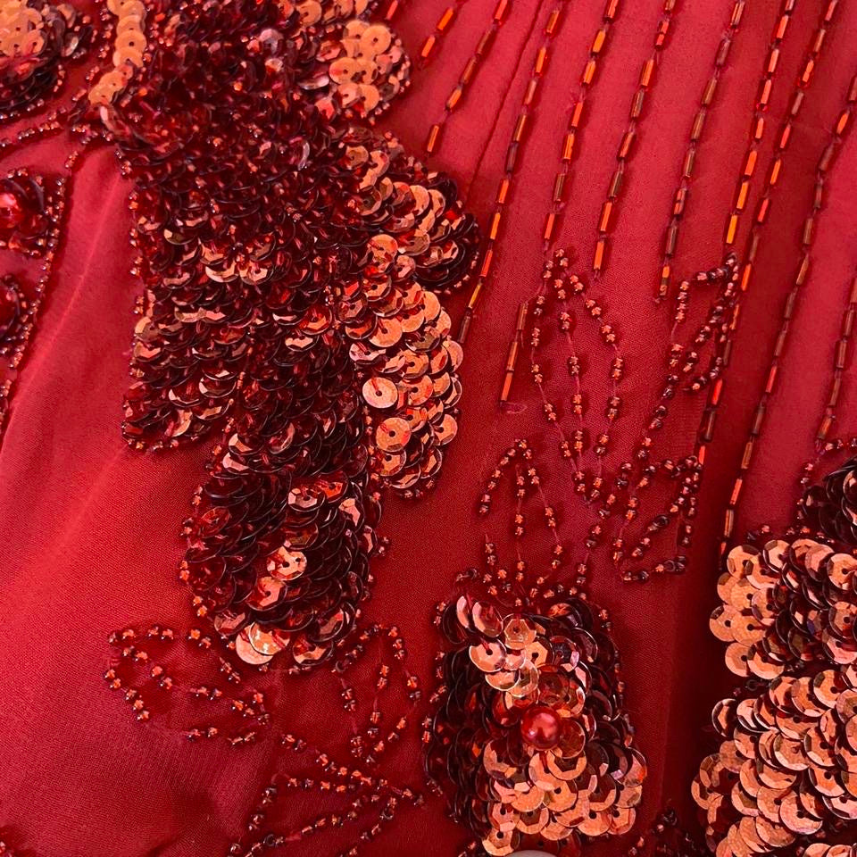 Frank Usher red beaded/sequin evening dress UK 10