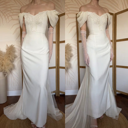Ivory off shoulder wedding dress with detachable train uk 14