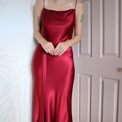 Red silky slip dress with draped back UK 12