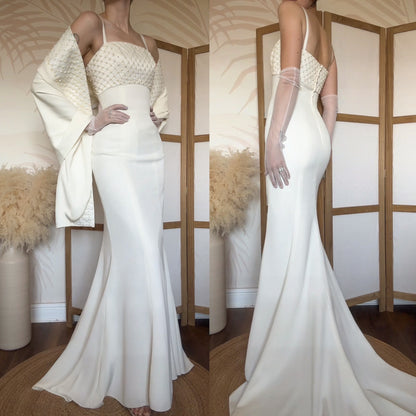 Rena Koh ivory figure hugging wedding dress & shawl uk 8-10