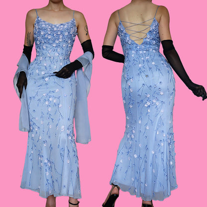 100% silk blue floral beaded evening gown & shawl UK 10