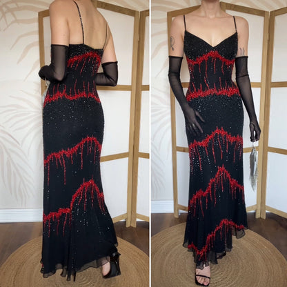 Black & red 100% silk beaded evening dress UK 14