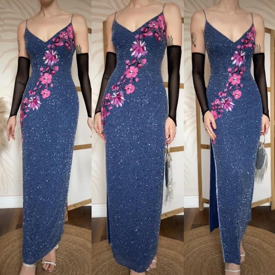 Blue silk beaded floral evening dress UK 12-14