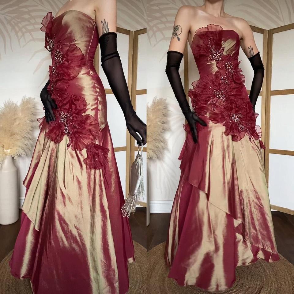 Strapless golden burgundy prom dress uk 6