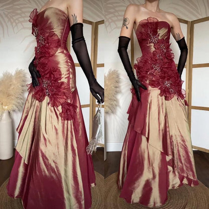 Strapless golden burgundy prom dress uk 6