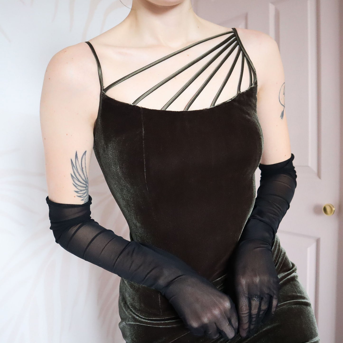 Green velvet stretch evening dress UK 10