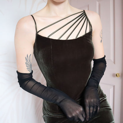 Green velvet stretch evening dress UK 10