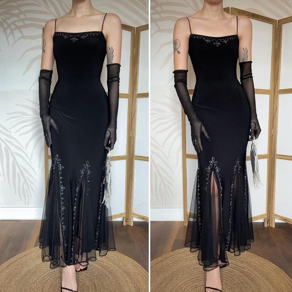 Flori black stretch flared hem evening dress UK 12-14