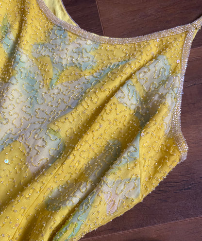 Bright yellow After Six beaded 100% silk evening dress uk 12-14