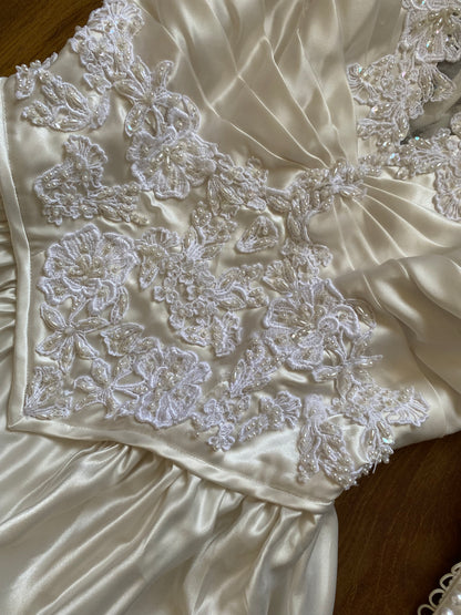 Ivory satin 80s lace & pearl wedding dress UK 12