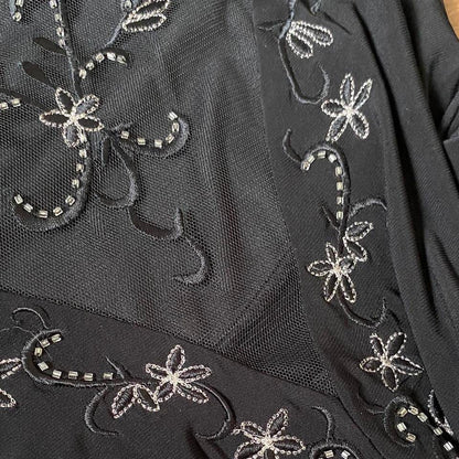 Black 90s stretch floral embroidered evening dress UK 14