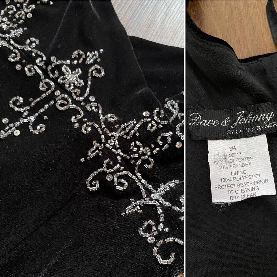 Black velvet beaded stretch evening dress uk 8-10
