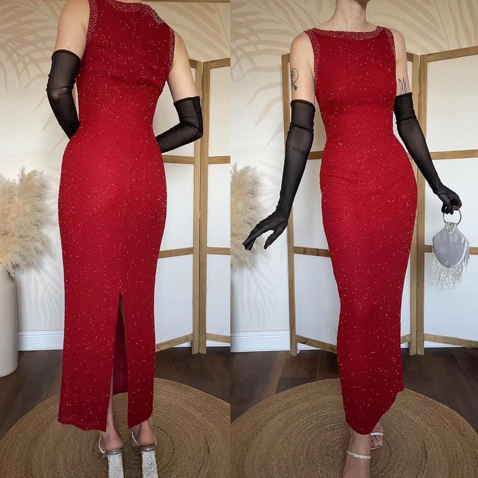 Serenade 100% silk red beaded vintage evening dress uk 10