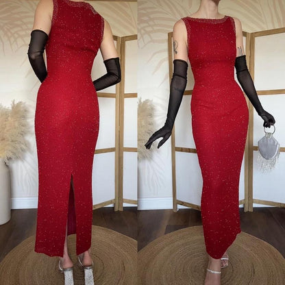 Serenade 100% silk red beaded vintage evening dress uk 10