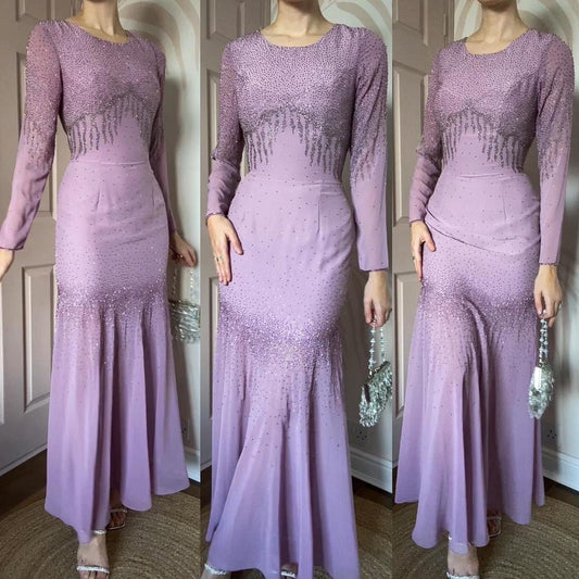 Lilac vintage beaded long sleeve fishtail evening dress UK 10