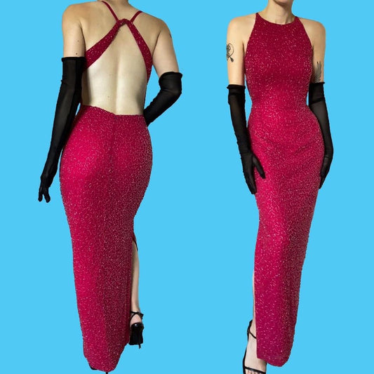 Fuchsia pink beaded open back evening dress UK 10