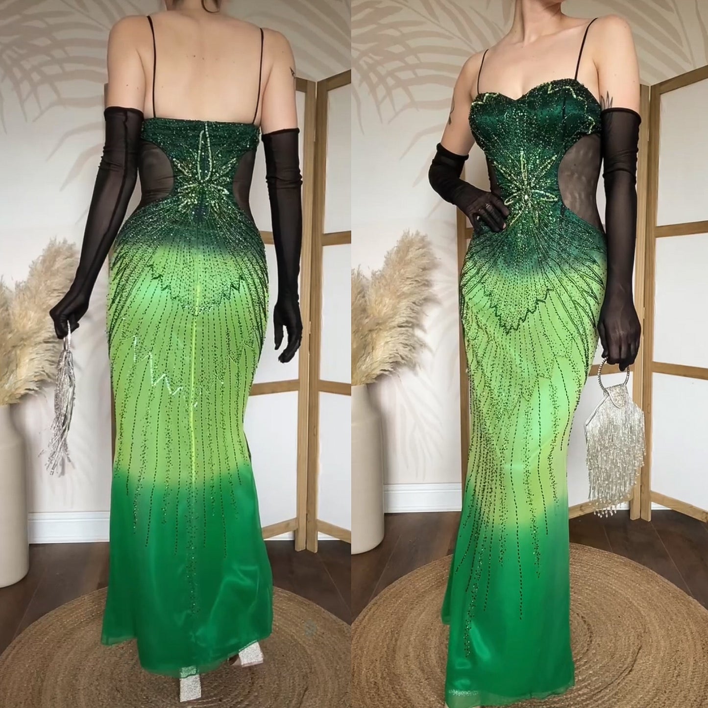 Green pure silk beaded prom dress uk 10
