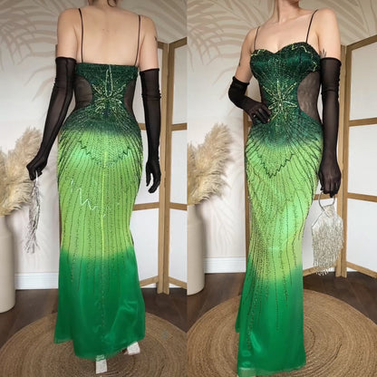Green pure silk beaded prom dress uk 10