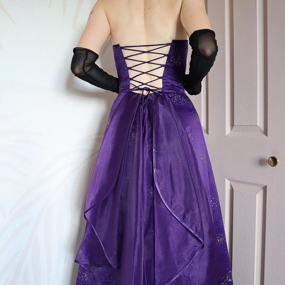 Purple Morgan & Co glittery strapless evening gown UK 10