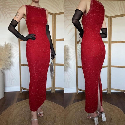 Serenade 100% silk red beaded vintage evening dress uk 10