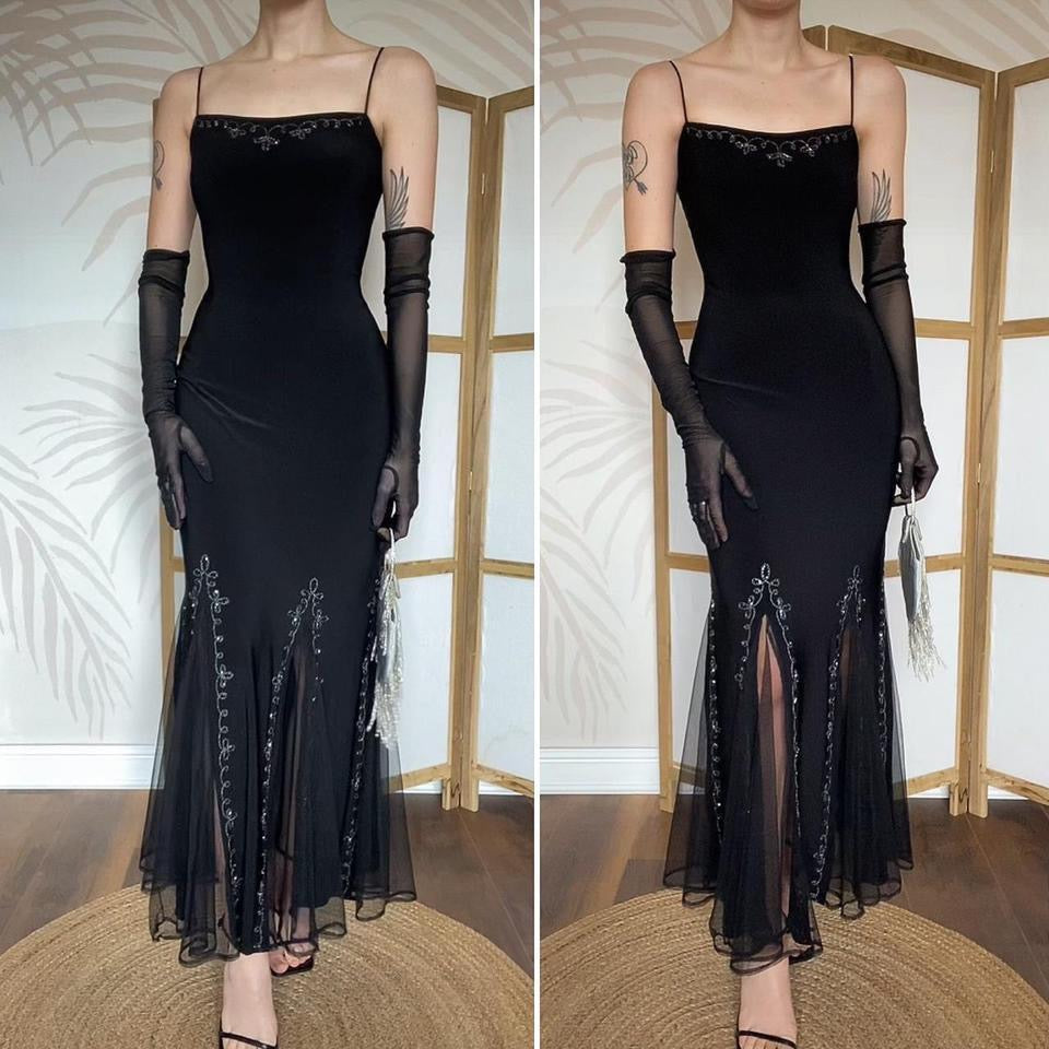 Flori black stretch lace up back evening dress uk 14-16