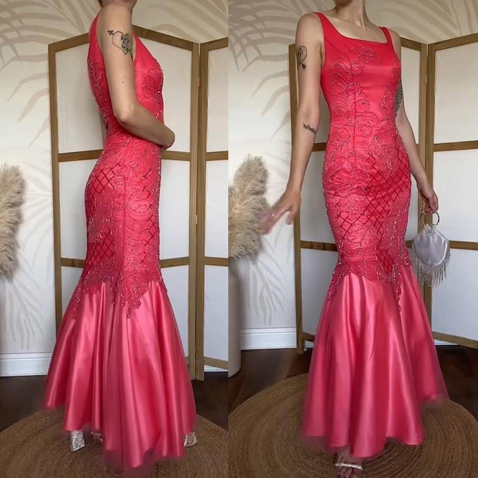 Yve London silk coral beaded fishtail  prom dress uk 10
