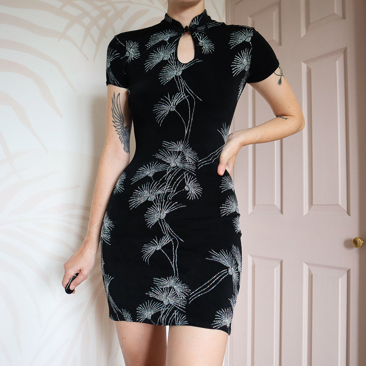 Black Glitter Short Sleeve Mini Dress UK 10