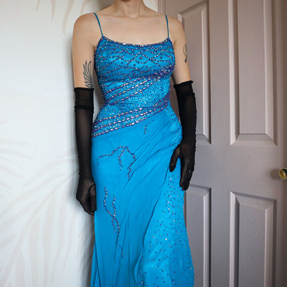 YVE London 100% silk blue beaded gown UK 12