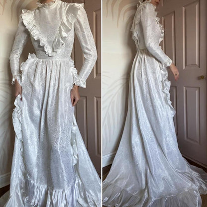 White 70s long sleeve floral wedding dress UK 8