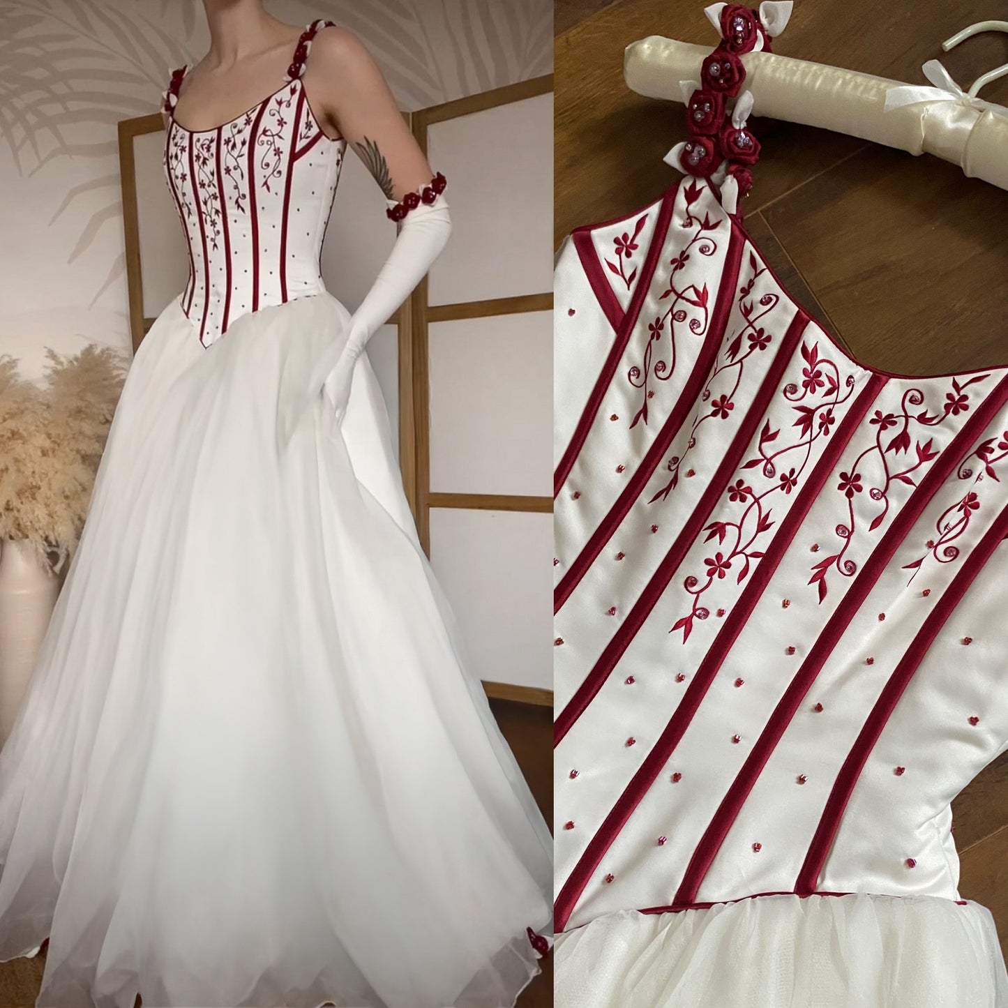 Gorgeous white & red wedding dress & gloves uk 10
