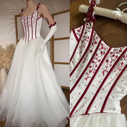 Gorgeous white & red wedding dress & gloves uk 10