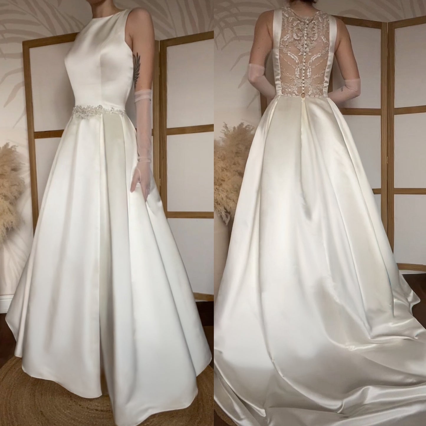 Hilary Morgan ivory satin fit & flare wedding dress uk 14
