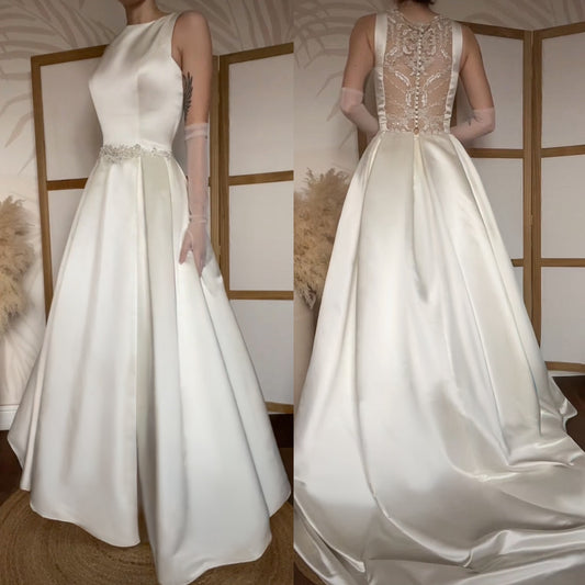 Hilary Morgan ivory satin fit & flare wedding dress uk 14
