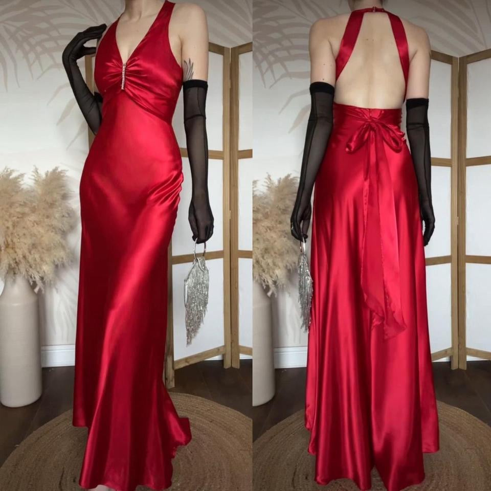 Niki Livas petite red satin prom dress uk 8