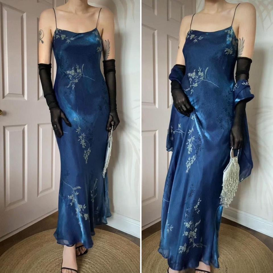 Debut silky blue floral slip dress & shawl uk 12