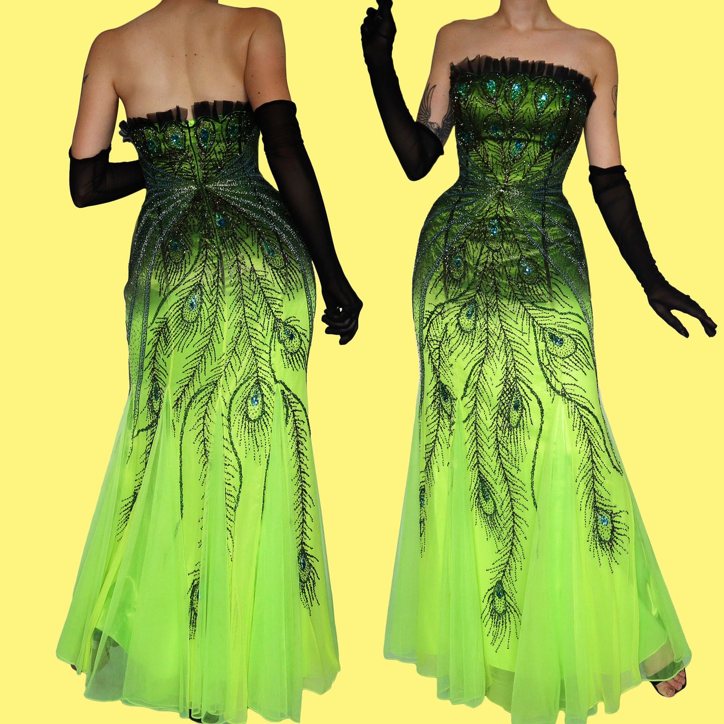 Electric green strapless heavily beaded evening dress UK 14-16