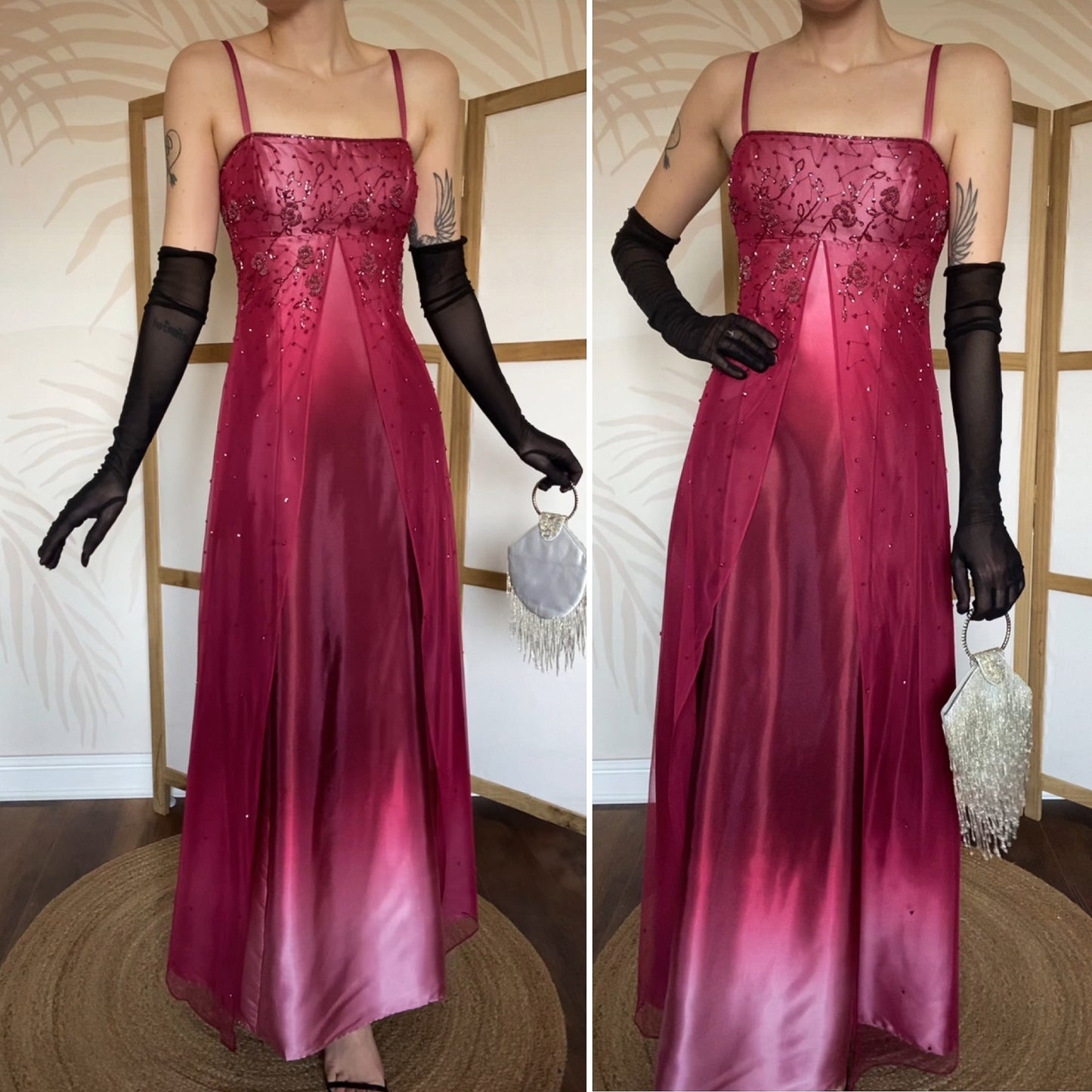 Pink & red ombré beaded 2000s prom dress UK 12