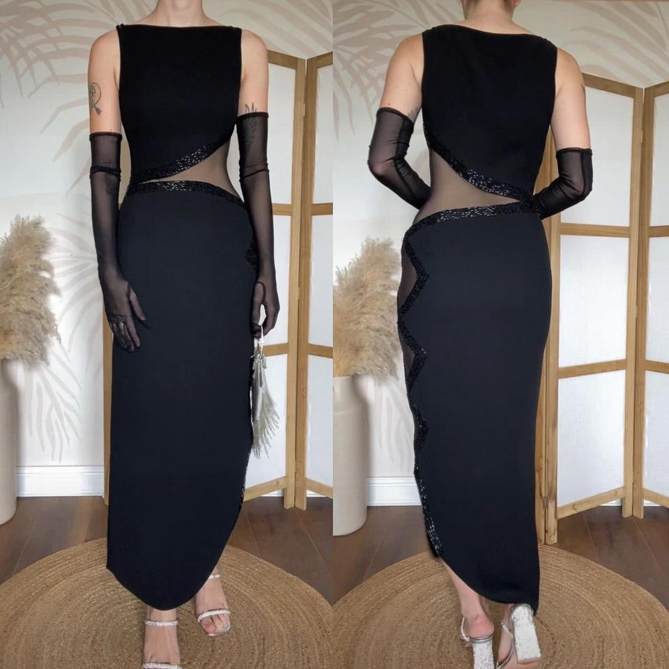 Frank Usher black sheer panelled evening dress uk 10