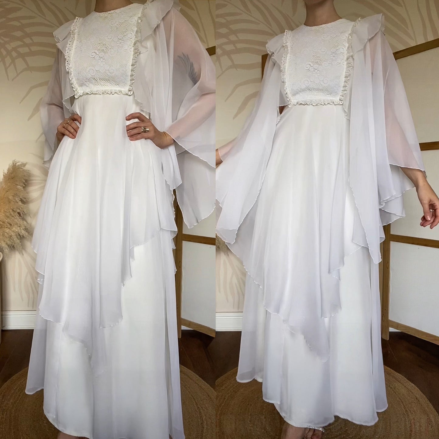 70s petite flared white/cream long sleeve wedding dress uk 8